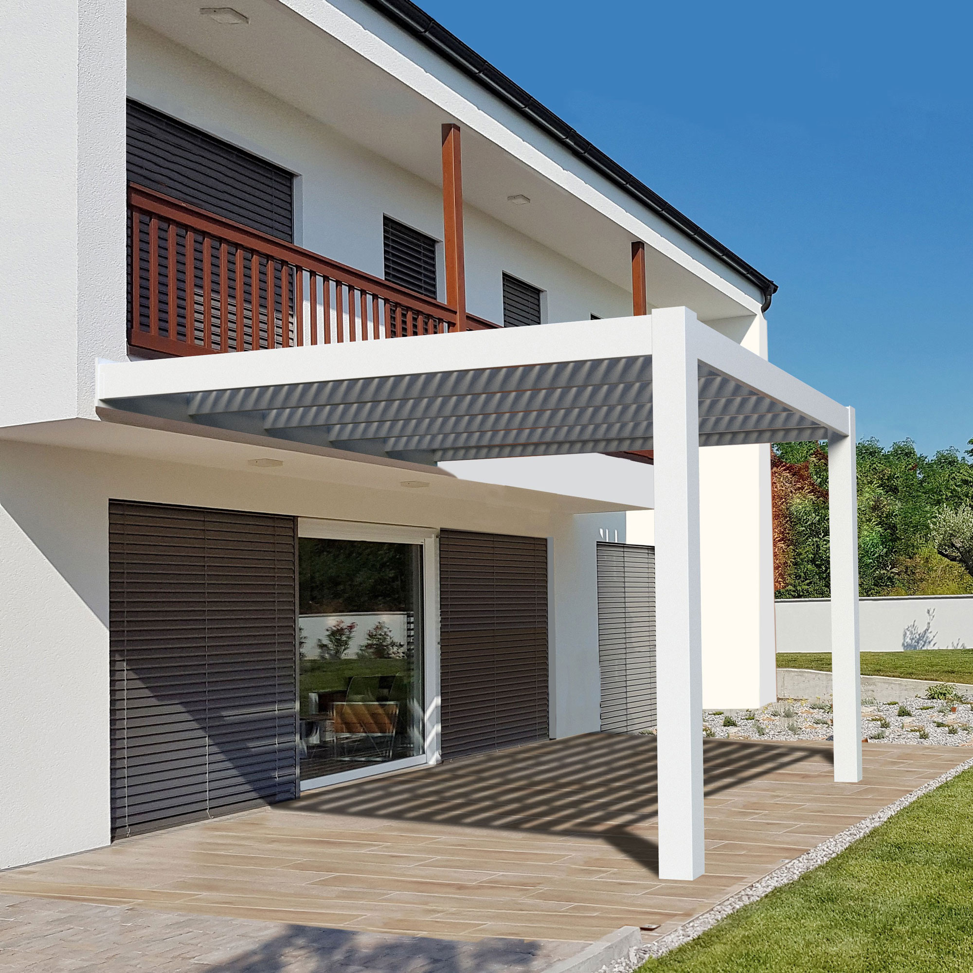 This attached modern pergola offers shade to an attached patio. 