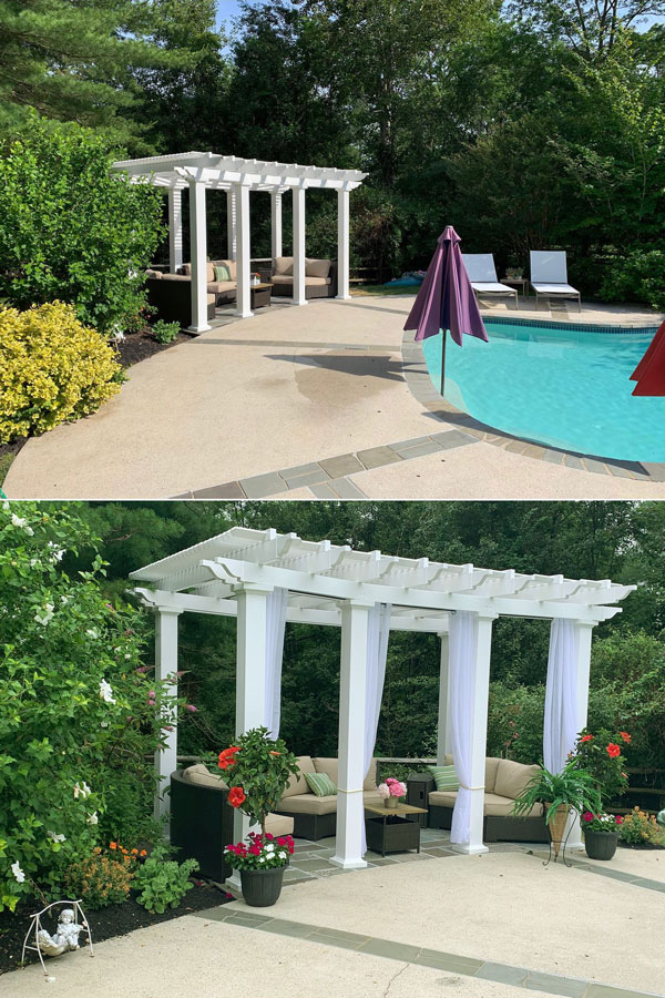 White pool side pergola with curtains creating a cabana affect